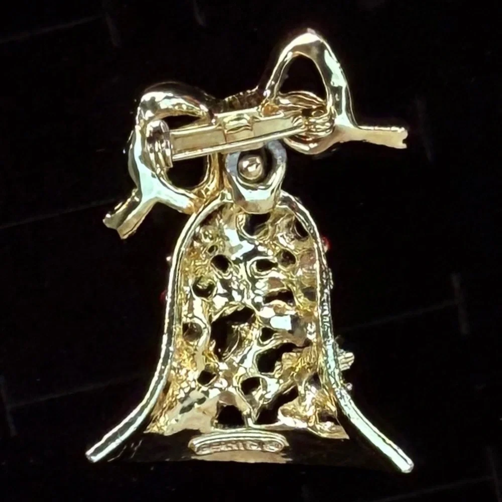 Vintage goldtone, movable, holiday festive Christmas, red, green, bell brooch